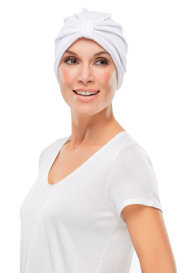 White  breathable and tear-resistant Polycotton Head Turban worn by a Woman with Hair Loss